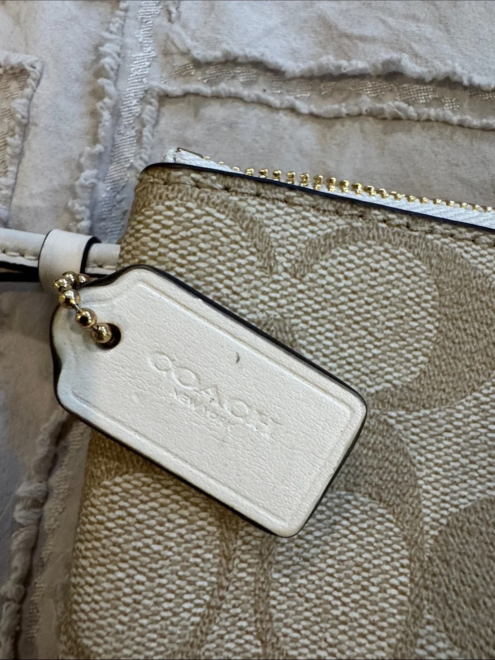 Coach Beige Signature Canvas Wristlet with Gold Hardware